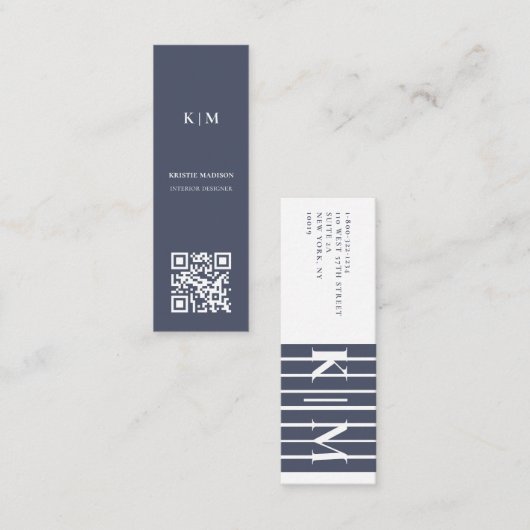 ミニマルエレガントリストのブルーQrコードインテリアデザイナー スキニー名刺 (正面/裏面)