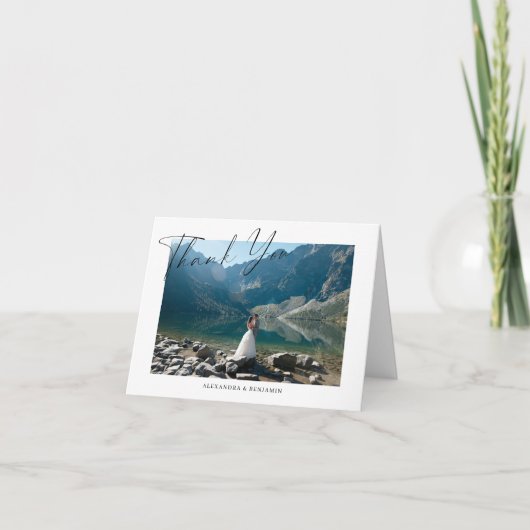 ミニマルエレガントリストの結婚写真を折り畳み サンキューカード (正面)