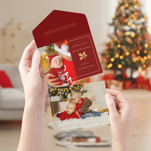 ミニマルエレガントリストの赤/金ゴールド写真 オールインワン招待状