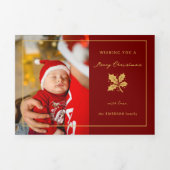 ミニマルエレガントリストの赤/金ゴールド写真 三つ折りクリスマスカード (カバー)