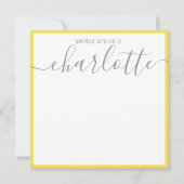 ミニマルエレガントリストの黄色いストリップのグレーのスクリプト名 ノートカード (正面)