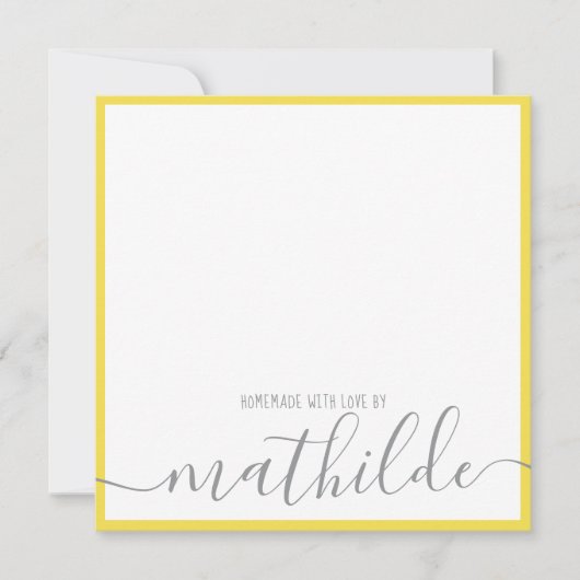 ミニマルエレガントリストの黄色いストリップのグレーのスクリプト名 ノートカード (正面)