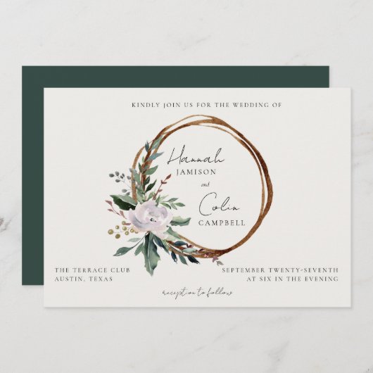 ミニマルエレガントリストウィンターリースホワイトグリーンインバート 招待状 (正面/裏面)