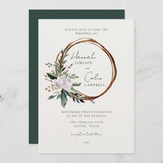 ミニマルエレガントリストウィンターリースホワイトグリーン 招待状 (正面/裏面)