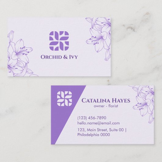 ミニマルエレガントリストオーキッドアイビーフローラソフトラベンダー 名刺 (正面/裏面)