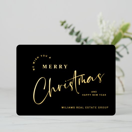 ミニマルエレガントリストクリスマスグリーティング会社金ゴールド 箔シーズンカード (立ち正面)