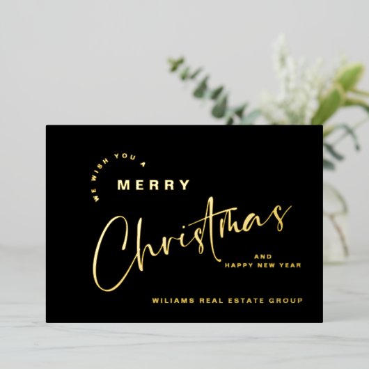 ミニマルエレガントリストクリスマスグリーティング会社金ゴールド 箔シーズンカード (立ち正面)