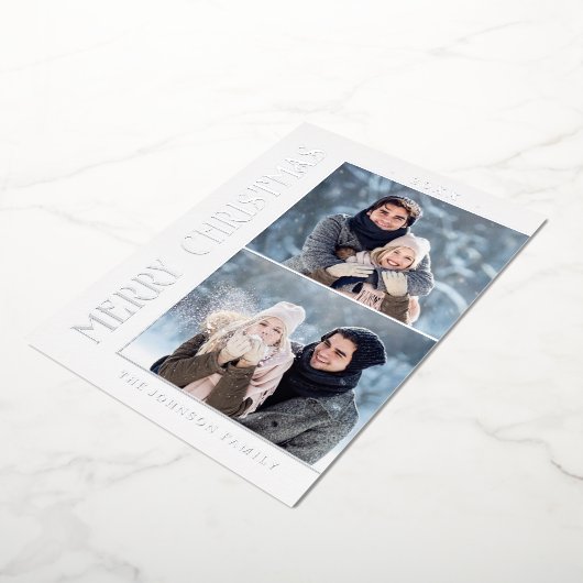 ミニマルエレガントリストクリスマス2フォトシルバー 箔シーズンカード (回転した状態)