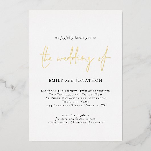 ミニマルエレガントリストスクリプ結婚トQRコー実在ド 箔招待状 (正面)