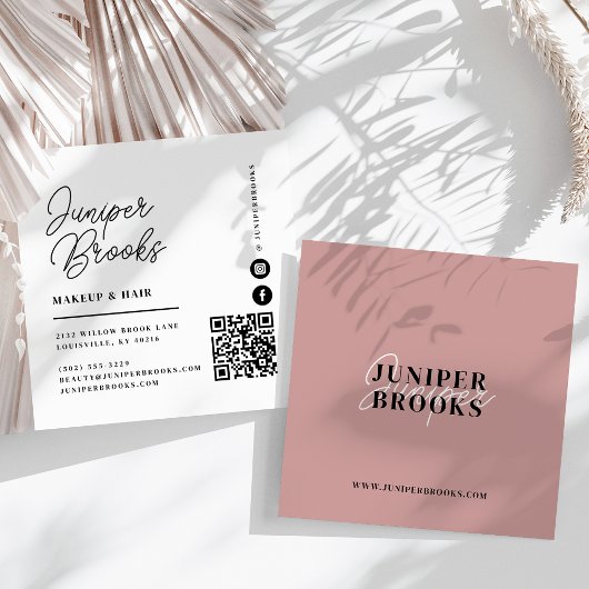 ミニマルエレガントリストダスティピンクQRコード スクエア名刺