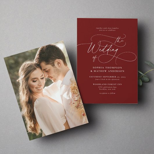 ミニマルエレガントリストバーガンディ写真結婚の 招待状