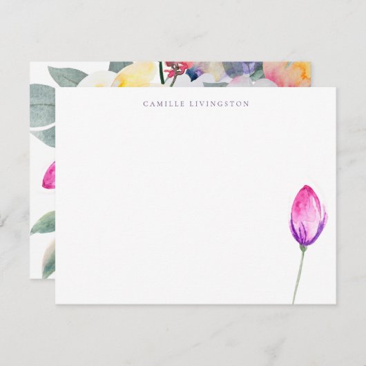 ミニマルエレガントリストパープルピンクパーソナライズされたフローラ ノートカード (正面/裏面)
