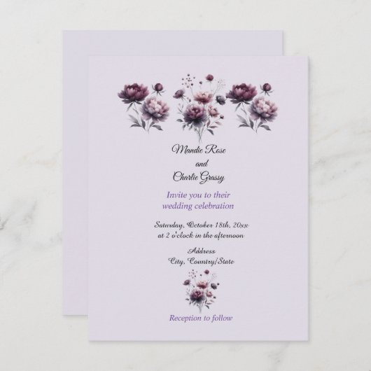 ミニマルエレガントリストパープル牡丹結婚式招待状 招待状 (正面/裏面)