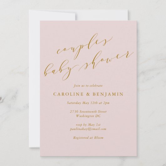 ミニマルエレガントリストピンクカップル赤ちゃんシャワー 招待状 (正面)