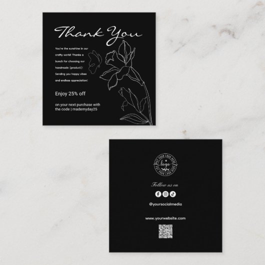 ミニマルエレガントリストブラックビジネスサンキューカード スクエア名刺 (正面/裏面)