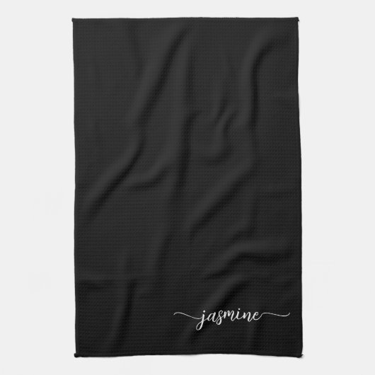 ミニマルエレガントリストブラックモノグラム名スクリプト キッチンタオル (縦)