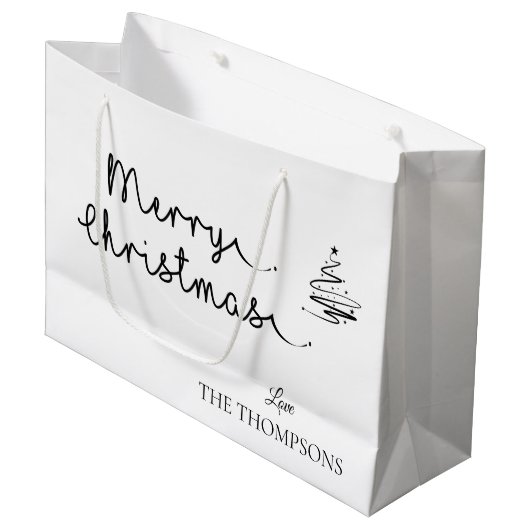 ミニマルエレガントリストブラック&ホワイトのメリークリスマス ラージペーパーバッグ (正面アングル)