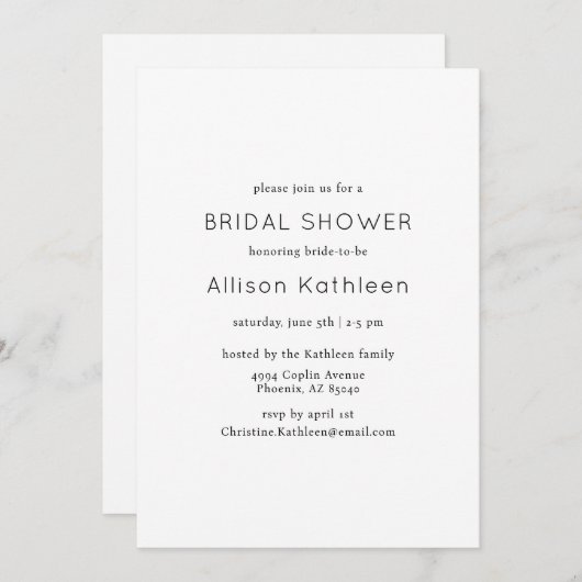 ミニマルエレガントリストブラック&ホワイトブライダルシャワー 招待状 (正面/裏面)