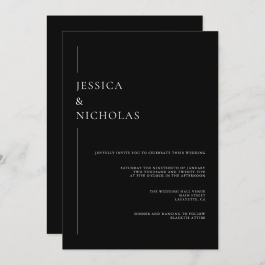 ミニマルエレガントリストブラック&ホワイト結婚ズ 招待状 (正面/裏面)