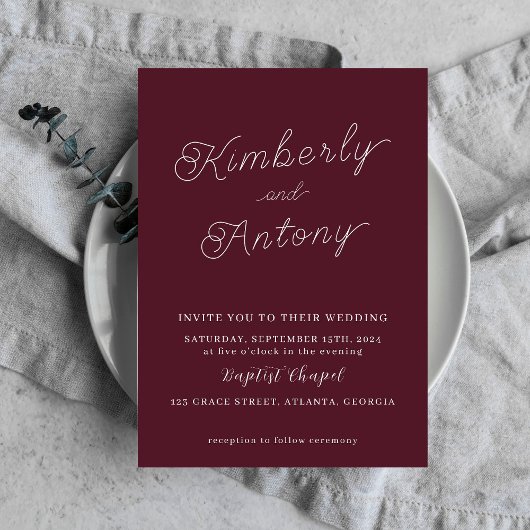 ミニマルエレガントリストブルゴーニュ赤結婚式招待状 招待状