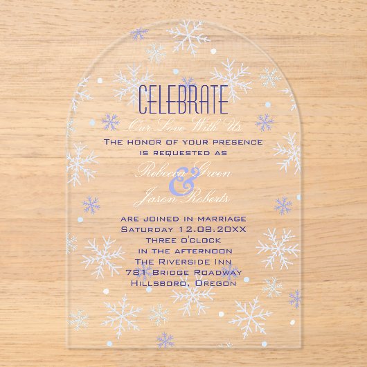 ミニマルエレガントリストブルースノーフレーク冬の結婚式 アクリル招待状 (正面)