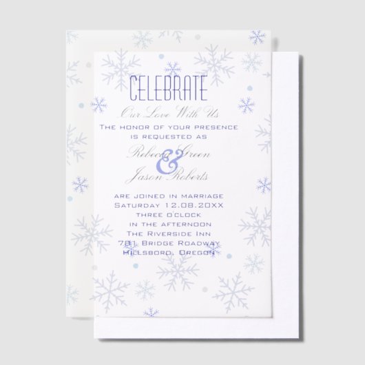 ミニマルエレガントリストブルースノーフレーク冬の結婚式 ベラム紙招待状 (オフセット)