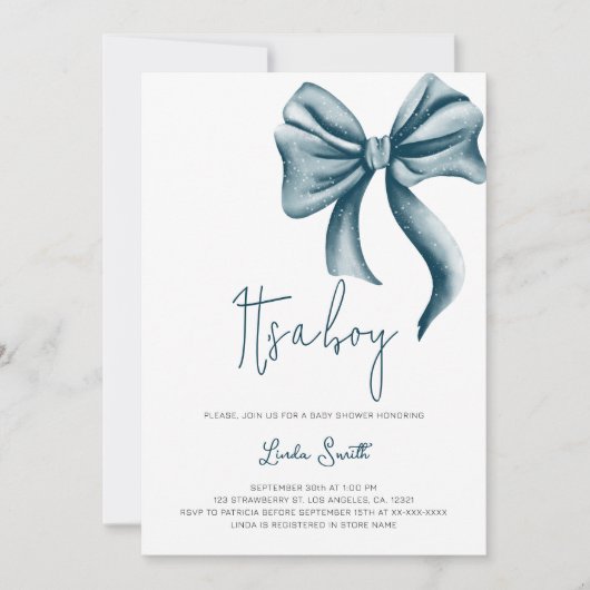 ミニマルエレガントリストブルーボウボーイボーイベビーシャワー 招待状 (正面)