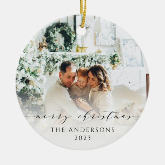 ミニマルエレガントリストメリークリスマスフォト セラミックオーナメント (正面)