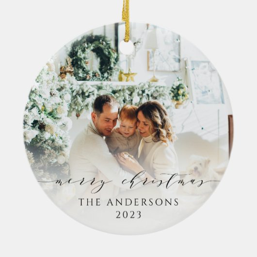 ミニマルエレガントリストメリークリスマスフォト セラミックオーナメント (裏面)