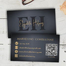 ミニマルエレガントリストモノグラムダークネイビーブルーQRコード 名刺