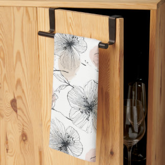 ミニマルエレガントリストラインアートフローラルパターン キッチンタオル