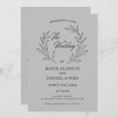 ミニマルエレガントリストリーフ結婚のライトグレー 招待状 (正面/裏面)