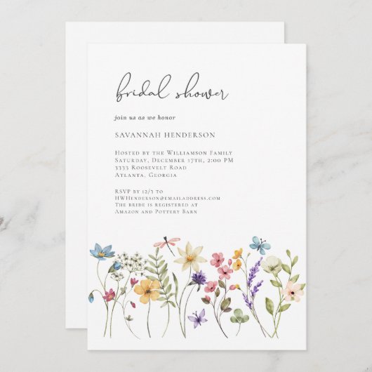 ミニマルエレガントリストワイルドフラワーフローラブライダルシャワー 招待状 (正面/裏面)