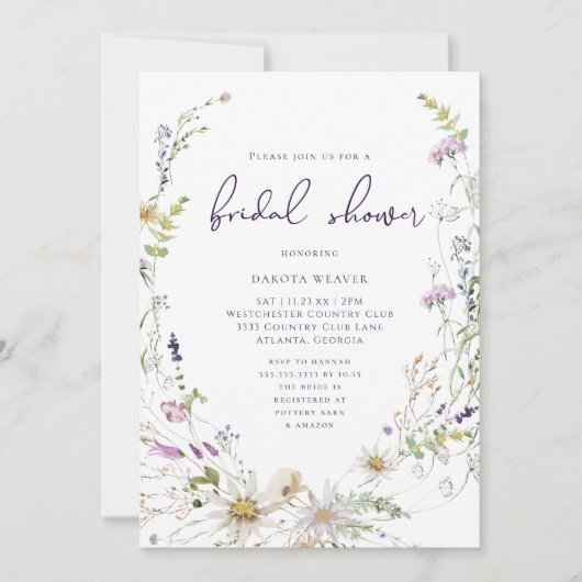 ミニマルエレガントリストワイルドフラワーブライダルシャワー 招待状 (正面)