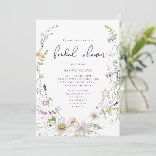 ミニマルエレガントリストワイルドフラワーブライダルシャワー 招待状 (スタンド正面)