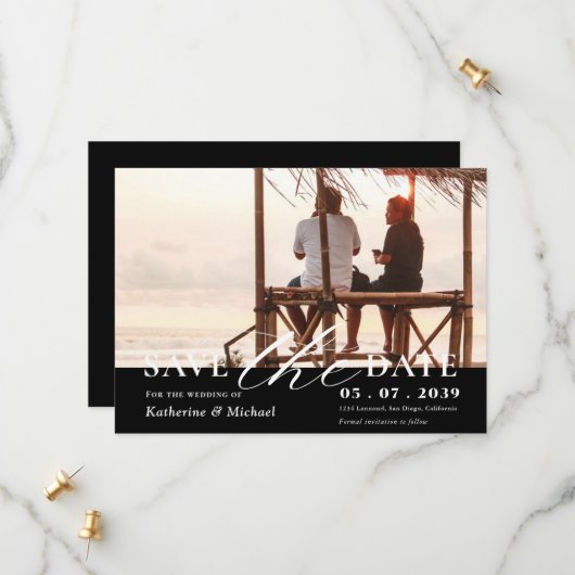 ミニマルエレガントリストワンフォトQRコード結婚s セーブザデート (正面/裏面インサイチュ)