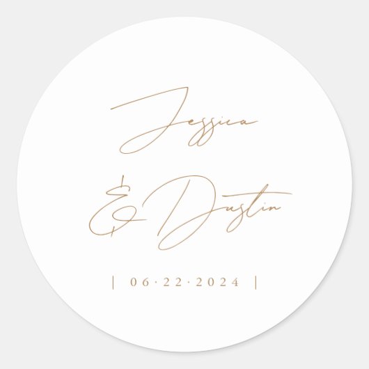 ミニマルエレガントリスト名の日付スクリプト金ゴールド ラウンドシール (正面)