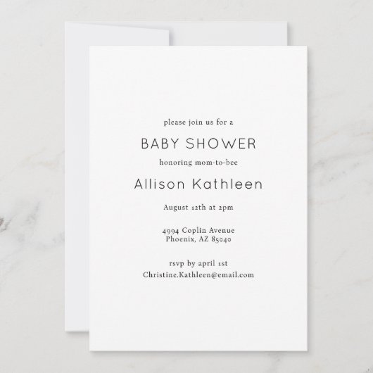 ミニマルエレガントリスト白黒ベビーシャワー 招待状 (正面)