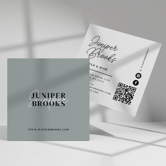 ミニマルエレガントリストSage Green QRコード スクエア名刺