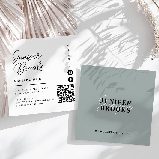 ミニマルエレガントリストSage Green QRコード スクエア名刺