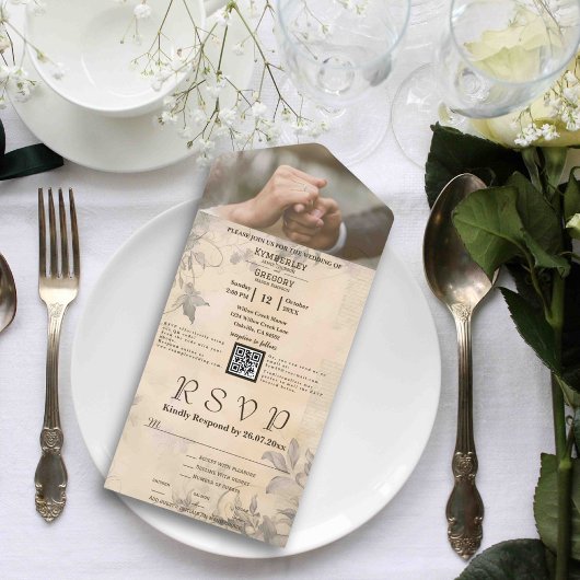 ミニマルエレガントヴィンテージクリームQRコード写真 オールインワン招待状