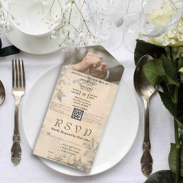 ミニマルエレガントヴィンテージクリームQRコード写真 オールインワン招待状