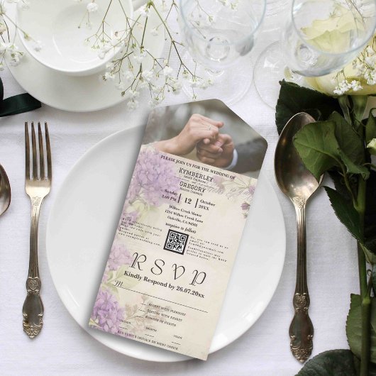 ミニマルエレガントヴィンテージ薄紫QRコード写真 オールインワン招待状