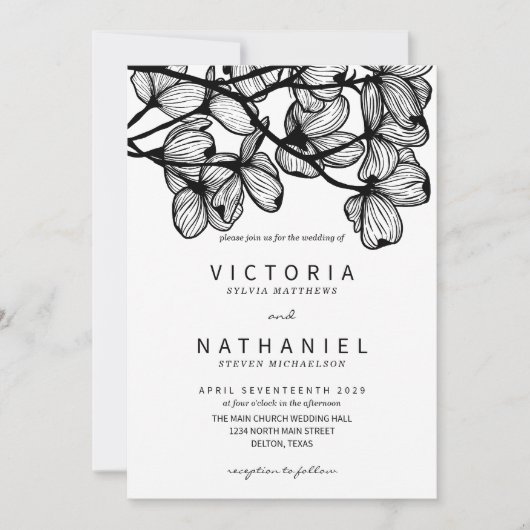 ミニマルエレガント白黒フローラサマー結婚ズ 招待状 (正面)