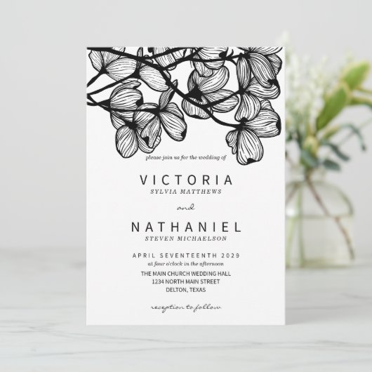 ミニマルエレガント白黒フローラサマー結婚ズ 招待状 (スタンド正面)