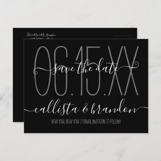 ミニマルエレガント白黒結婚式の日付の保存 案内ポストカード (正面/裏面)