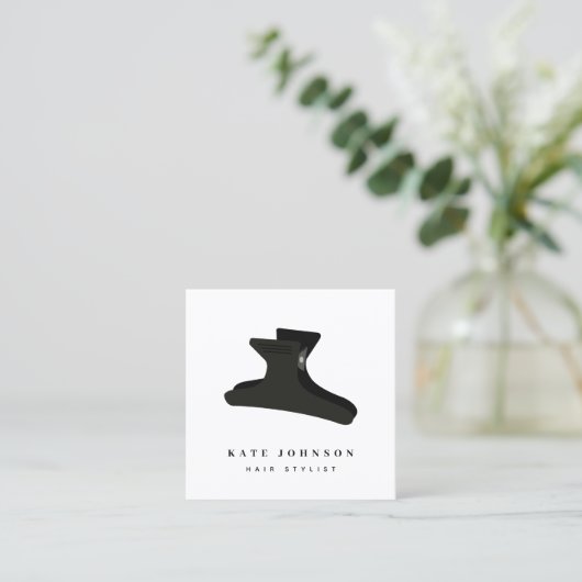 ミニマルエレガント白黒美容師クリップ スクエア名刺 (スタンド正面)