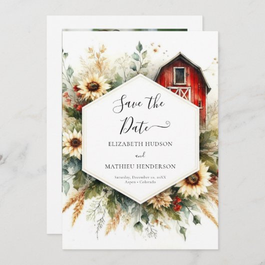 ミニマルエレガント納屋周囲の庭結婚ズ セーブザデート (正面/裏面)