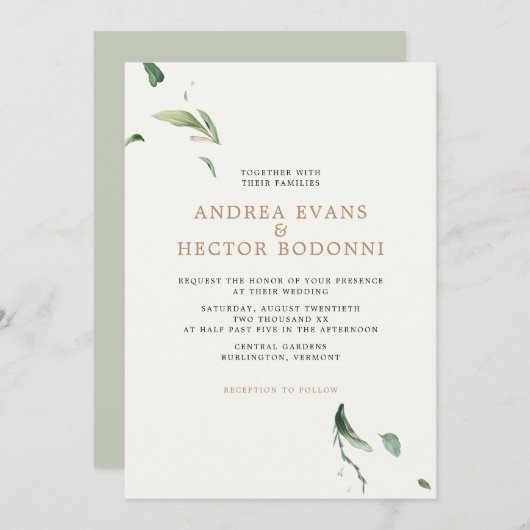 ミニマルエレガント結婚緑 招待状 (正面/裏面)