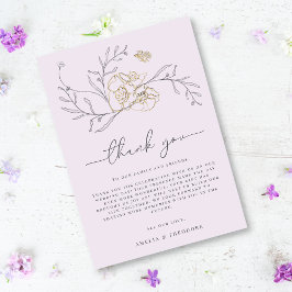 ミニマルエレガント線フローラ薄紫金ゴールド結婚 サンキューカード